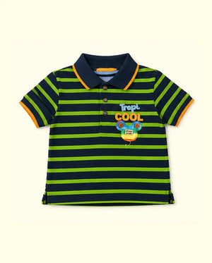 BloomUp Navy & Green Striped Polo Kids T-Shirt with Graphic Print – Soft Cotton Summer Wear for Boys
