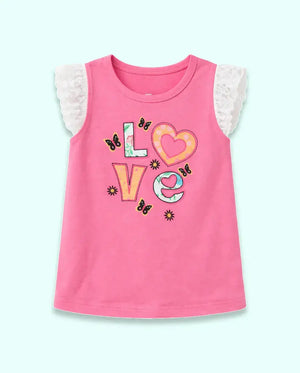 BloomUp Pink “Love” Graphic Sleeveless Kids T-Shirt – Soft Cotton Lace Shoulder Summer Wear for Girls