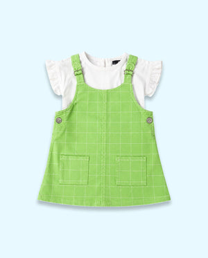 Baby Girls Lime Green Pinafore Dress Set with White Full Sleeve Top BloomUp