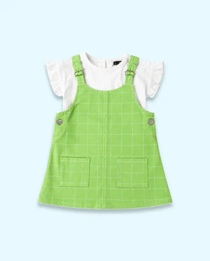 BloomUp Baby Girls Lime Green Pinafore Dress Set with White Full Sleeve Top