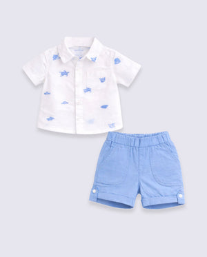 White Embroidery Shirt & Blue Shorts Kids Co-ord Set – Soft Cotton Summer Wear for Boys BloomUp