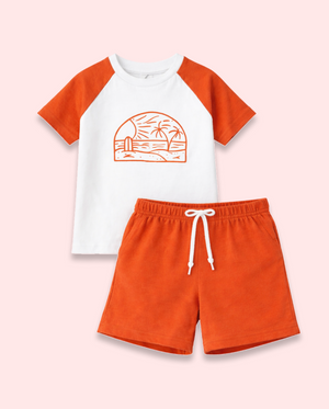 Rust Raglan Sleeve Kids Co-ord Set – Soft Cotton T-Shirt & Shorts Summer Wear for Boys BloomUp