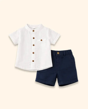 Bloomup Baby Boys White Mandarin Collar Shirt & Navy Shorts Set – Cotton Summer Co-Ord Outfit Bloom Up