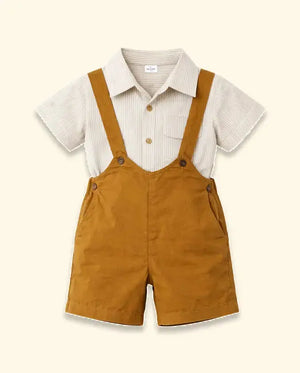 BloomUp Toffee Suspender Shorts with Striped Shirt Kids Co-ord Set – Soft Cotton Summer Outfit for Boys