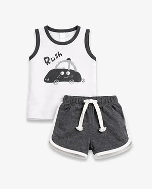 BloomUp Grey Car Print Sleeveless Kids Co-ord Set – Soft Cotton Summer Wear for Boys