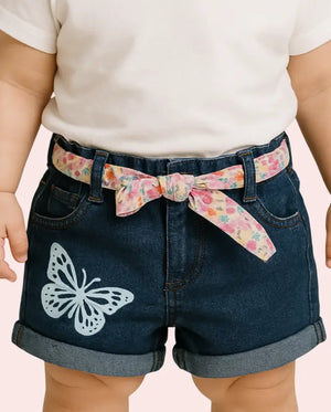 Bloomup BUG-8332 Baby Girls Denim Shorts with Floral Belt & Butterfly Print Bloom Up