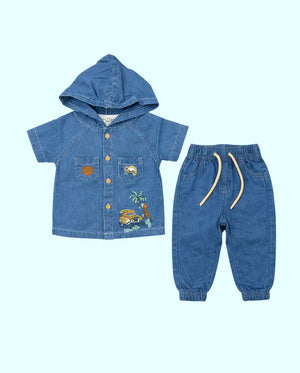 Bloomup Kids Denim Hoodie Set - Embroidered Button-Up Shirt and Elastic Waist Pants Bloom Up