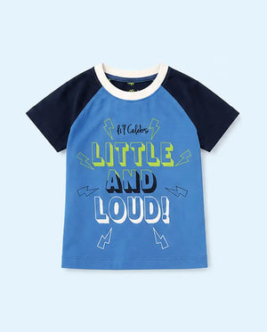BloomUp Blue Graphic Raglan Kids T-Shirt – “Little and Loud” Soft Cotton Summer Wear for Boys