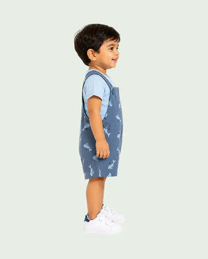 BloomUp Baby Dusty Blue Whale Print Dungaree Romper Set with T-Shirt