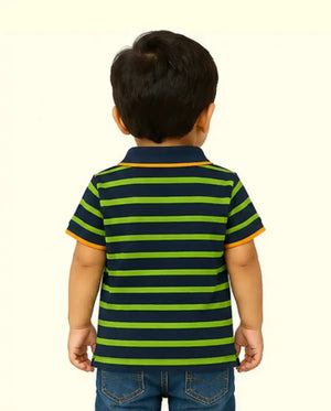BloomUp Navy & Green Striped Polo Kids T-Shirt with Graphic Print – Soft Cotton Summer Wear for Boys