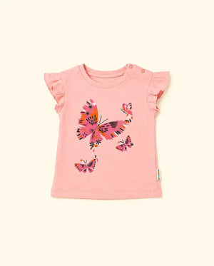 BloomUp Pink Butterfly Print Kids T-Shirt – Soft Cotton Ruffle Sleeve Summer Wear for Girls
