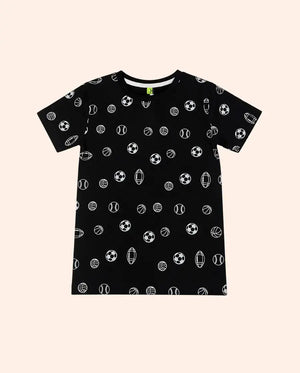 BloomUp Black All-Over Printed Kids T-Shirt – Soft Cotton Casual Summer Wear for Boys