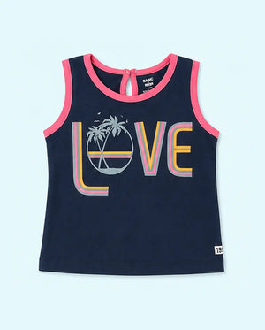 BloomUp Navy Blue Love Graphic Sleeveless Top for Girls – Soft Cotton Summer Wear Kids Tank Top