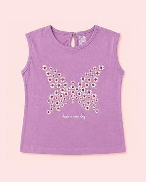 Lavender Floral Butterfly Graphic Sleeveless Top for Girls – Soft Cotton Summer Wear Kids Tank Top BloomUp