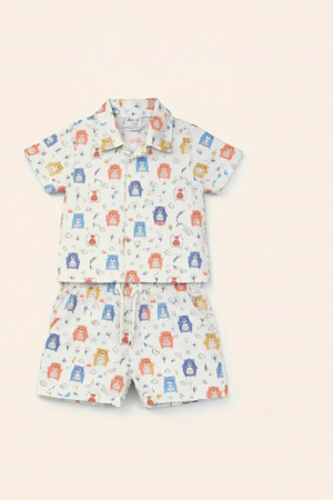 Boys Cartoon Bear Printed Co-ord Set – Soft Cotton Half Sleeve Shirt & Shorts for Toddlers Bloomup