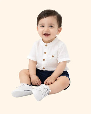 Bloomup Baby Boys White Mandarin Collar Shirt & Navy Shorts Set – Cotton Summer Co-Ord Outfit Bloom Up