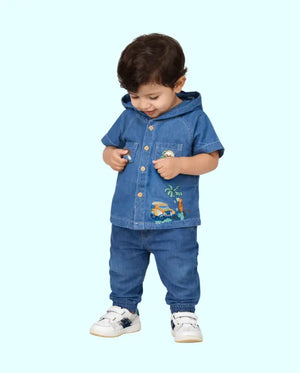 Bloomup Kids Denim Hoodie Set - Embroidered Button-Up Shirt and Elastic Waist Pants Bloom Up