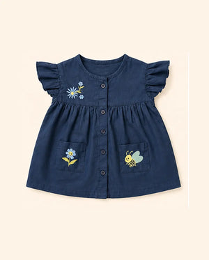 BloomUp Navy Blue Embroidered Button-Front Kids Dress – Soft Cotton Summer Wear for Girls