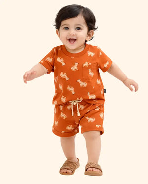Bloomup Baby Boys Burnt Orange Animal Print Cotton T-Shirt & Shorts Set Bloom Up