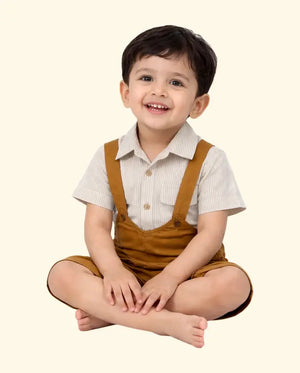BloomUp Toffee Suspender Shorts with Striped Shirt Kids Co-ord Set – Soft Cotton Summer Outfit for Boys
