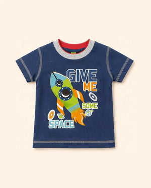BloomUp Navy Blue Space Rocket Graphic Kids T-Shirt – Soft Cotton Fun Summer Wear for Boys