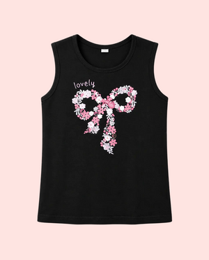 Black Lovely Floral Bow Sleeveless Top for Girls – Soft Cotton Summer Wear Kids Tank Top BloomUp