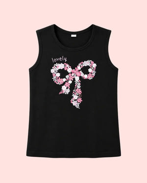 BloomUp Black Lovely Floral Bow Sleeveless Top for Girls – Soft Cotton Summer Wear Kids Tank Top