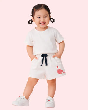 Spark Kids White Cotton Shorts with Bird Print | Soft Drawstring Summer Shorts for Boys & Girls | Lightweight Casual Kids Wear Spark