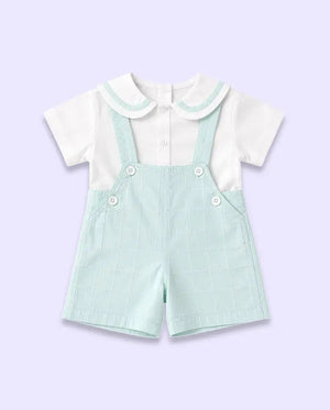 BloomUp Baby Girls Mint Green Dungaree Shorts Set with Peter Pan Collar Shirt