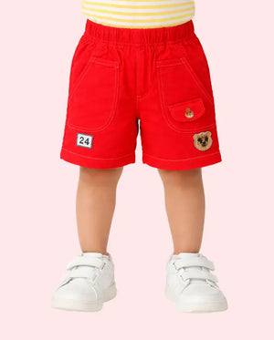 Spark Kids Red Cotton Cargo Shorts with Bear Patch | Comfortable Casual Summer Shorts for Boys Spark
