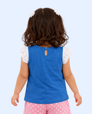 Blue “Love” Graphic Sleeveless Kids T-Shirt – Soft Cotton Ruffle Shoulder Summer Wear for Girls BloomUp