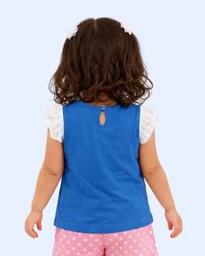 BloomUp Blue “Love” Graphic Sleeveless Kids T-Shirt – Soft Cotton Ruffle Shoulder Summer Wear for Girls