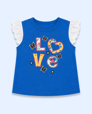 BloomUp Blue “Love” Graphic Sleeveless Kids T-Shirt – Soft Cotton Ruffle Shoulder Summer Wear for Girls