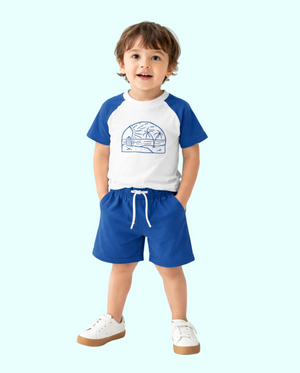 Blue Raglan Sleeve Kids Co-ord Set – Soft Cotton T-Shirt & Shorts Summer Wear for Boys BloomUp