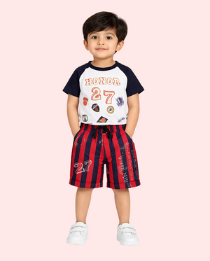 White Graphic T-Shirt & Red Striped Shorts Co-ord Set for Boys – Soft Cotton Summer Kids Outfit BloomUp