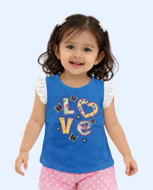 BloomUp Blue “Love” Graphic Sleeveless Kids T-Shirt – Soft Cotton Ruffle Shoulder Summer Wear for Girls