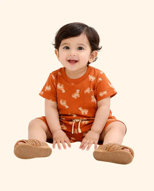 Bloomup Baby Boys Burnt Orange Animal Print Cotton T-Shirt & Shorts Set Bloom Up