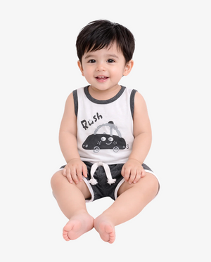 Grey Car Print Sleeveless Kids Co-ord Set – Soft Cotton Summer Wear for Boys BloomUp