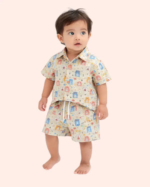 Bloomup Baby Boys Cartoon Bear Printed Co-Ord Set – Soft Cotton Half Sleeve Shirt & Shorts Set for Toddlers Bloom Up