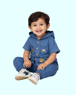 Bloomup Kids Denim Hoodie Set - Embroidered Button-Up Shirt and Elastic Waist Pants Bloom Up