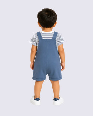 BloomUp Baby Sky Blue Bear Dungaree Romper Set with Striped T-Shirt