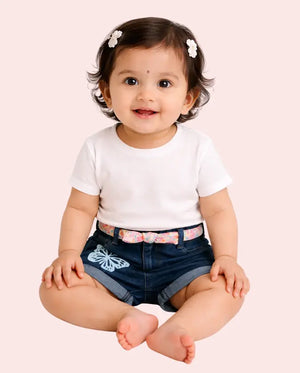 Bloomup BUG-8332 Baby Girls Denim Shorts with Floral Belt & Butterfly Print Bloom Up