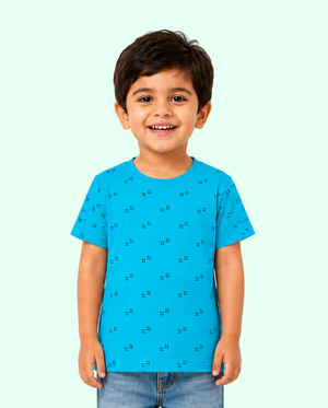 Teal Blue Micro Print Kids T-Shirt – Soft Cotton Casual Summer Wear for Boys BloomUp