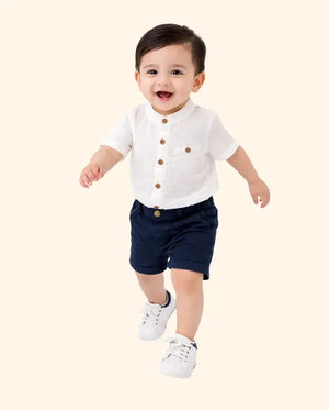 Bloomup Baby Boys White Mandarin Collar Shirt & Navy Shorts Set – Cotton Summer Co-Ord Outfit Bloom Up