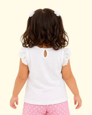 BloomUp White “Love” Graphic Sleeveless Kids T-Shirt – Soft Cotton Lace Shoulder Summer Wear for Girls