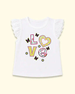 BloomUp White “Love” Graphic Sleeveless Kids T-Shirt – Soft Cotton Lace Shoulder Summer Wear for Girls