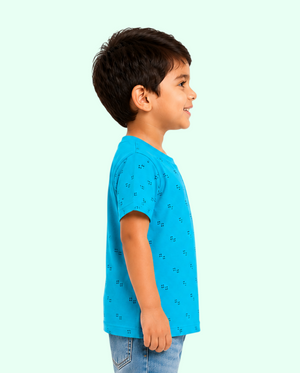 Teal Blue Micro Print Kids T-Shirt – Soft Cotton Casual Summer Wear for Boys BloomUp