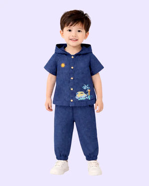 Bloomup Kids Denim Hoodie Set - Embroidered Button-Up Shirt and Elastic Waist Pants Bloom Up