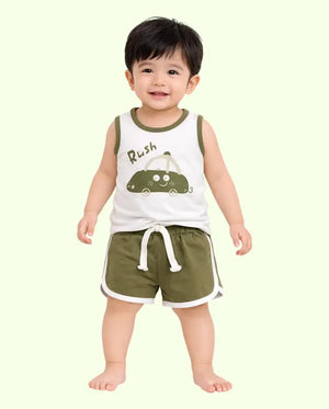 BloomUp Olive Green Car Print Sleeveless Kids Co-ord Set – Soft Cotton Summer Wear for Boys