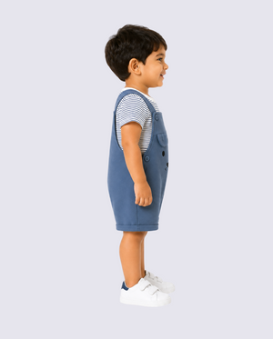 Baby Sky Blue Bear Dungaree Romper Set with Striped T-Shirt BloomUp